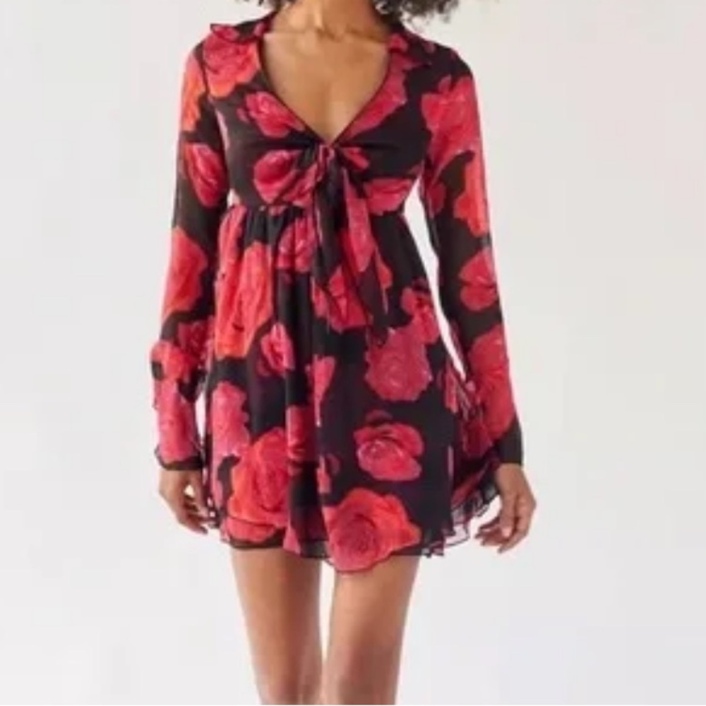 Urban Outfitters Kiki Tie Front Black, Hot Pink & Red Floral Mini Dress